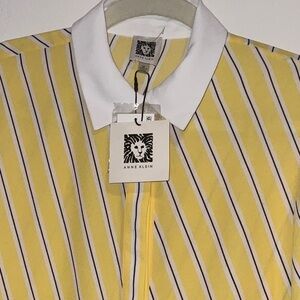 Anne Klein Yellow Diagonal Striped White Cuff Polyester Elegant L/S Shirt M NWT